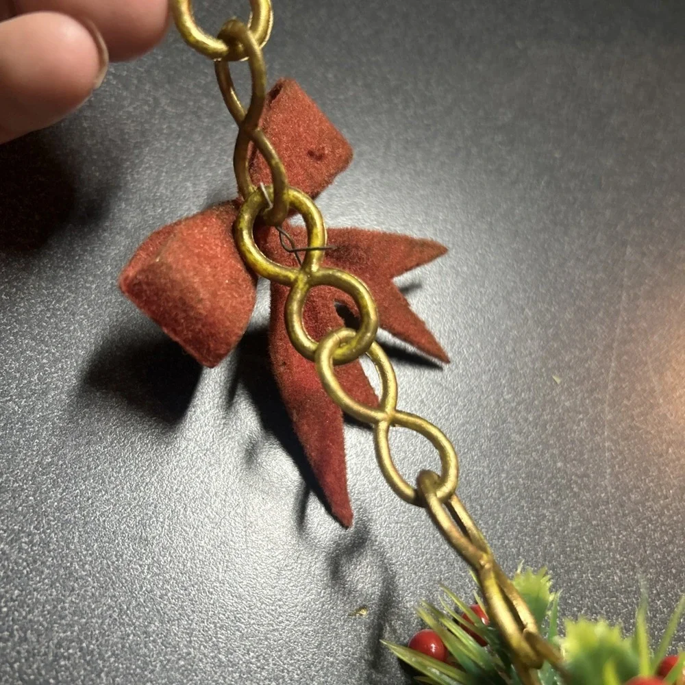 Vtg Christmas Garland Plastic Chain Holly Berries Gold Lantern 60s MCM Decor
